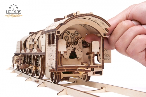 Puzzle 3D, lemn, mecanic Tren V-Express cu aburi, 538 piese, Ugears