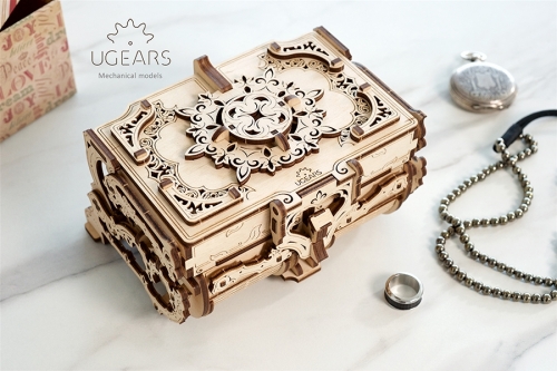 Puzzle 3D, lemn, mecanic Model Cutie antica de bijuterii, 185 piese, Ugears