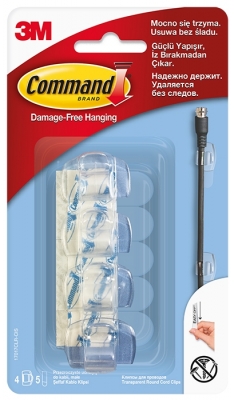 Carlig rotund transparent organizare cabluri 4 carlige + 5 benzi dublu adezive/set Command 3M
