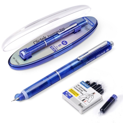 Stilou retractabil Writech M corp albastru cu cutie cadou si 5 patroane cerneala albastre