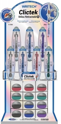 Display stilou retractabil Writech, penita M, 43 buc/set + set de 5 patroane cerneala albastru cristal