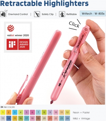 Display textmarker retractabil Writech cu 72 rezerve neon si pastel, 144 buc/set