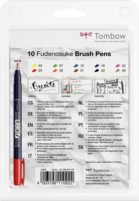 Markere caligrafice Fudenosuke Hard, Vivid Color, 10 bucati/set Tombow