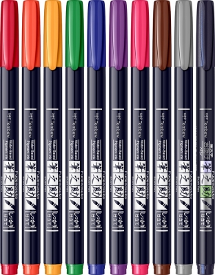 Markere caligrafice Fudenosuke Hard, Vivid Color, 10 bucati/set Tombow