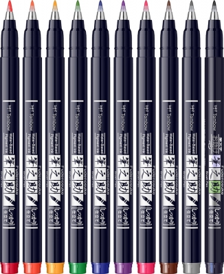 Markere caligrafice Fudenosuke Hard, Vivid Color, 10 bucati/set Tombow