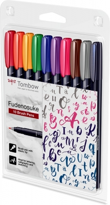 Markere caligrafice Fudenosuke Hard, Vivid Color, 10 bucati/set Tombow