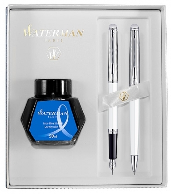 Set Stilou si Pix Hemisphere DeLuxe White in cutie cadou cu calimara Waterman
