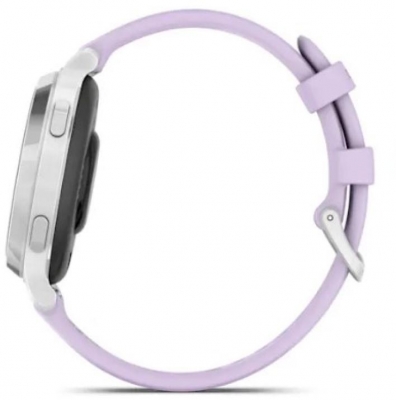 Ceas Garmin Lily 2 Active, display AMOLED, dimensiune afisaj 25,4 mm x 21,3 mm, rezolutie afisaj 240 x 201 pixeli, memorie 8GB, autonomie pana la 9 zile, rezistanta la apa pana la 5 ATM, greutate: 24,4g, ramă Argintiu, şi curea Purple Jasmine din silicon