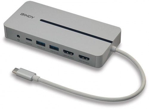 Lindy DST-Mx Duo Mini Docking Station USB Type-C, Dual display (4k), 100W Pass-through charging, rezolutie single display 4k@60, rezolutie dual display 4k@60 + 4k@30, 2x USB Type A, 1x USB-C (PD & Data), 2x HDMI, 1x RJ45, 2x Card reader (microSD & SD), 1x 3.5mm audio jack