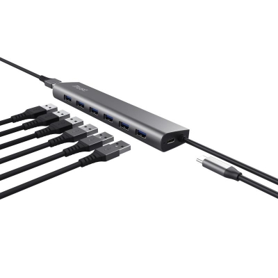Hub Trust Halyx , 7 porturi USB 3.2 Gen 1, material aluminiu, input USB- C, output USB-A 7, gri