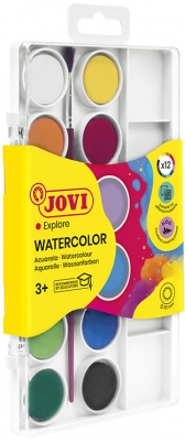 Acuarele, cutie cu 12 pastile 22 mm, culori asortate si pensula, Jovi