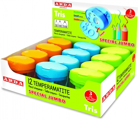 Ascutitoare model Tris, 3 orificii, plastic, blister, diverse culori, 12 buc/display, Arda