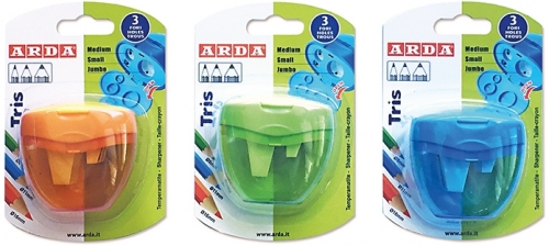 Ascutitoare model Tris, 3 orificii, plastic, blister, diverse culori, 12 buc/display, Arda