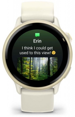 Ceas Garmin vívoactive 6 display AMOLED, dimensiune afisaj 30.4 mm, rezolutie afisaj  390 x 390 pixeli, memorie 8GB, autonomie până la 11 zile (5 zile cu afişajul permanent pornit), rezistanta la apa pana la 5 ATM, greutate: 23g, ramă Lunar Gold cu curea Bone, carcasă Light Sand şi curea din silicon