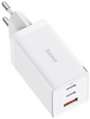 Incarcator retea Baseus GaN5 PRO, Quick Charge 65W, 2 porturi USB PD, 1 port USB Quick Charge, include cablu USB -C la USB-C de 100W, lungime 1m, alb