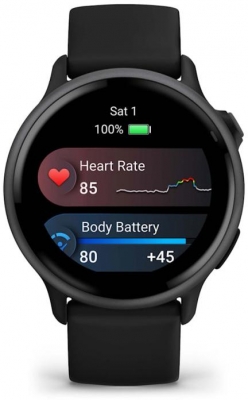 Ceas Garmin vívoactive 6 display AMOLED, dimensiune afisaj 30.4 mm, rezolutie afisaj  390 x 390 pixeli, memorie 8GB, autonomie până la 11 zile (5 zile cu afişajul permanent pornit) rezistanta la apa pana la 5 ATM, greutate: 23g, ramă Black cu curea Bone, carcasă Slate şi curea din silicon