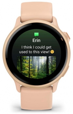 Ceas Garmin vívoactive 6 display AMOLED, dimensiune afisaj 30.4 mm, rezolutie afisaj  390 x 390 pixeli, memorie 8GB, autonomie până la 11 zile (5 zile cu afişajul permanent pornit) rezistanta la apa pana la 5 ATM, greutate: 23g, ramă Pink Dawn cu curea Bone, carcasă Pink Dawn Metallic şi curea din