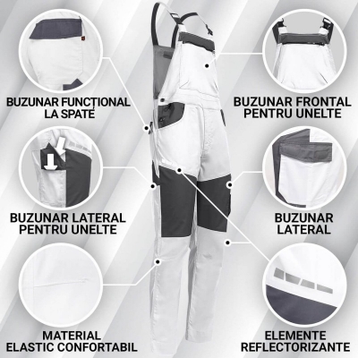 Pantaloni pieptar EOS Stretch Stenso, alb/gri inchis