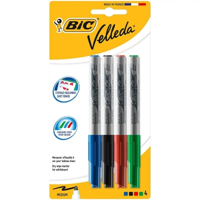 Marker BIC pentru tabla alba, Velleda 1741, 4 culori/set