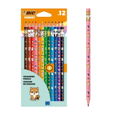 Creioane colorate BIC Vibbies, decorate cu animalute amuzante, 12 buc/set