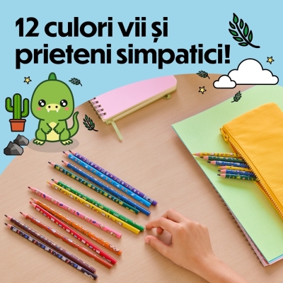 Creioane colorate BIC Vibbies, decorate cu animalute amuzante, 12 buc/set