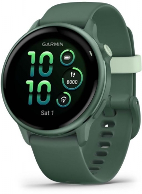 Ceas Garmin vívoactive 6 display AMOLED, dimensiune afisaj 30.4 mm, rezolutie afisaj  390 x 390 pixeli, memorie 8GB, autonomie până la 11 zile (5 zile cu afişajul permanent pornit) rezistanta la apa pana la 5 ATM, greutate: 23g, ramă Jasper Green cu curea Bone, carcasă Green Metallic şi curea din