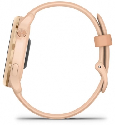 Ceas Garmin vívoactive 6 display AMOLED, dimensiune afisaj 30.4 mm, rezolutie afisaj  390 x 390 pixeli, memorie 8GB, autonomie până la 11 zile (5 zile cu afişajul permanent pornit) rezistanta la apa pana la 5 ATM, greutate: 23g, ramă Pink Dawn cu curea Bone, carcasă Pink Dawn Metallic şi curea din
