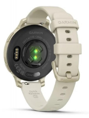 Ceas Garmin Lily 2 Active, display AMOLED, dimensiune afisaj 25,4 mm x 21,3 mm, rezolutie afisaj 240 x 201 pixeli, memorie 8GB, autonomie pana la 9 zile, rezistanta la apa pana la 5 ATM, greutate: 24,4g, ramă MLunar Glod şi curea Bone din silicon