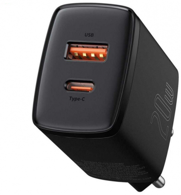 Incarcator retea Baseus Compact, Quick Charge 20W, 1 x USB Type-C 5V/3A max, 1 x USB 5V/3A, negru