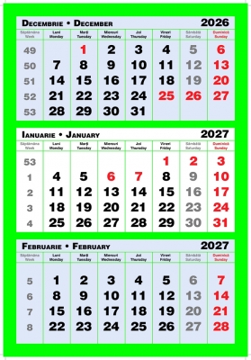 Calendar triptic trei culori, verde, 33 x 48 cm, 12 file, 2027