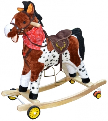 Calut balansoar, lemn, cu rotile, maro cu alb, 71 cm