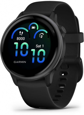 Ceas Garmin vívoactive 6 display AMOLED, dimensiune afisaj 30.4 mm, rezolutie afisaj  390 x 390 pixeli, memorie 8GB, autonomie până la 11 zile (5 zile cu afişajul permanent pornit) rezistanta la apa pana la 5 ATM, greutate: 23g, ramă Black cu curea Bone, carcasă Slate şi curea din silicon