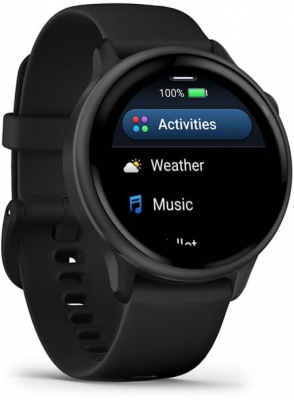 Ceas Garmin vívoactive 6 display AMOLED, dimensiune afisaj 30.4 mm, rezolutie afisaj  390 x 390 pixeli, memorie 8GB, autonomie până la 11 zile (5 zile cu afişajul permanent pornit) rezistanta la apa pana la 5 ATM, greutate: 23g, ramă Black cu curea Bone, carcasă Slate şi curea din silicon