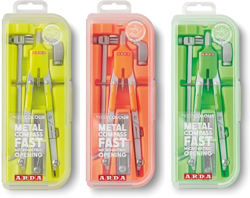 Compas cu deschidere rapida, micrometrica, butoane, fluo, cutie compacta, 5 buc, Arda