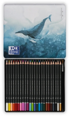 Creioane colorate rotunde Watercolour, mina 3 mm, set 24 culori+pensula, in cutie metal, colectia Oxford Artistic