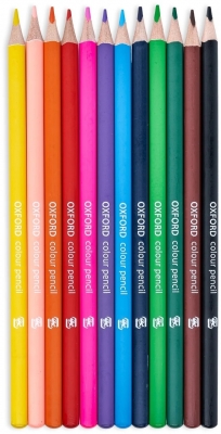 Creioane colorate triunghiulare Oxford, mina 3 mm, set 12 + ascutitoare, in cutie de carton