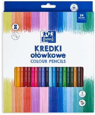 Creioane colorate triunghiulare Oxford, mina 3 mm, set 24 + ascutitoare, include auriu, in cutie de carton