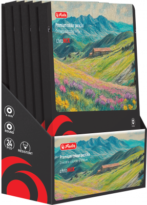 Creioane colorate corp negru, mina 4mm, set 24 culori, cutie metalica, Herlitz