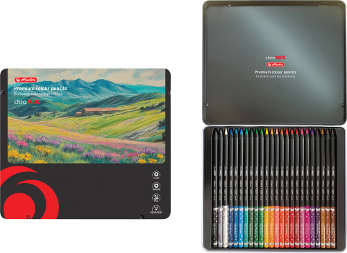 Creioane colorate corp negru, mina 4mm, set 24 culori, cutie metalica, Herlitz