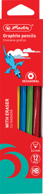 Creion grafit cu radiera 2B, mina 2.2mm, set 12, Herlitz