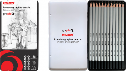 Creion grafit diferite marimi, argintiu mat, mina 2mm, set 12, Herlitz