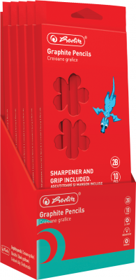 Creion grafit 2B, mina 2.4mm, rosu, set 10 + manson creion din silicon si ascutitoare, Herlitz