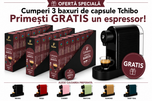 Pachet 24 cutii capsule Tchibo Cafissimo Barista Espresso si espressor Tchibo Pure Plus cadou