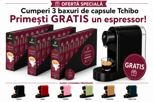Pachet 24 cutii capsule Tchibo Cafissimo Espresso Intense Aroma si espressor Tchibo Pure Plus cadou