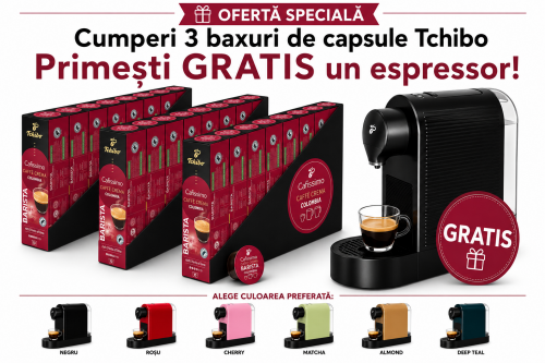 Pachet 24 cutii capsule Tchibo Cafissimo Caffe Crema Barista Colombia si espressor Tchibo Pure Plus cadou