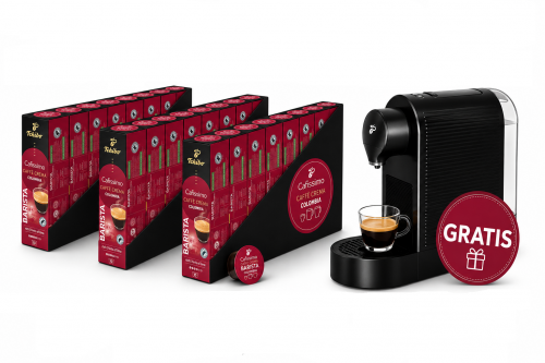 Pachet 24 cutii capsule Tchibo Cafissimo Caffe Crema Barista Colombia si espressor Tchibo Pure Plus cadou