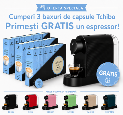 Pachet 24 cutii capsule Tchibo Cafissimo Espresso Vanilla si espressor Tchibo Pure Plus cadou