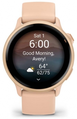 Ceas Garmin vívoactive 6 display AMOLED, dimensiune afisaj 30.4 mm, rezolutie afisaj  390 x 390 pixeli, memorie 8GB, autonomie până la 11 zile (5 zile cu afişajul permanent pornit) rezistanta la apa pana la 5 ATM, greutate: 23g, ramă Pink Dawn cu curea Bone, carcasă Pink Dawn Metallic şi curea din