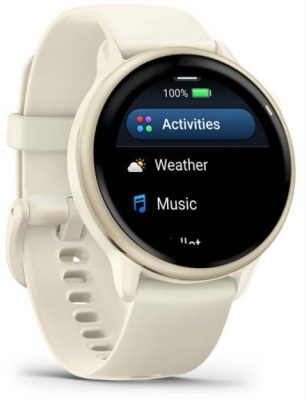 Ceas Garmin vívoactive 6 display AMOLED, dimensiune afisaj 30.4 mm, rezolutie afisaj  390 x 390 pixeli, memorie 8GB, autonomie până la 11 zile (5 zile cu afişajul permanent pornit), rezistanta la apa pana la 5 ATM, greutate: 23g, ramă Lunar Gold cu curea Bone, carcasă Light Sand şi curea din silicon