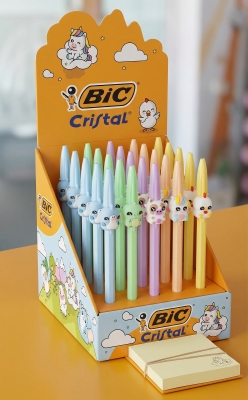 Display echipat BIC, pix cu figurina crystal figurines, diverse culori, cerneala albastru,  40buc/display